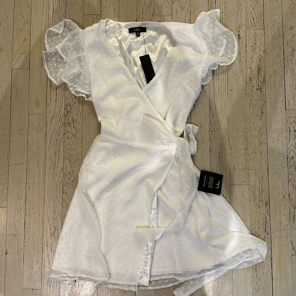White wrap dress with dot texture
